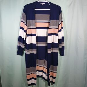 Womens Striped Open Front Cardigan Long Sleeve Blue Gray Pink Lightweight Duster